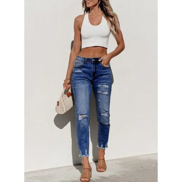 Women's Distressed Straight Leg Boyfriend Jeans Premium Denim Casual Wear - Picture 3 of 6